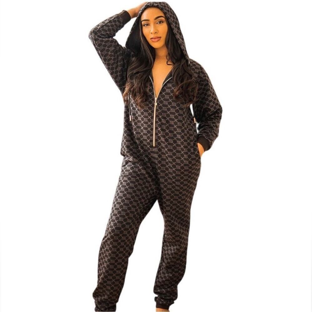 Savage X Zip Front Hooded Jumpsuit Black Monogram Lounge Size S